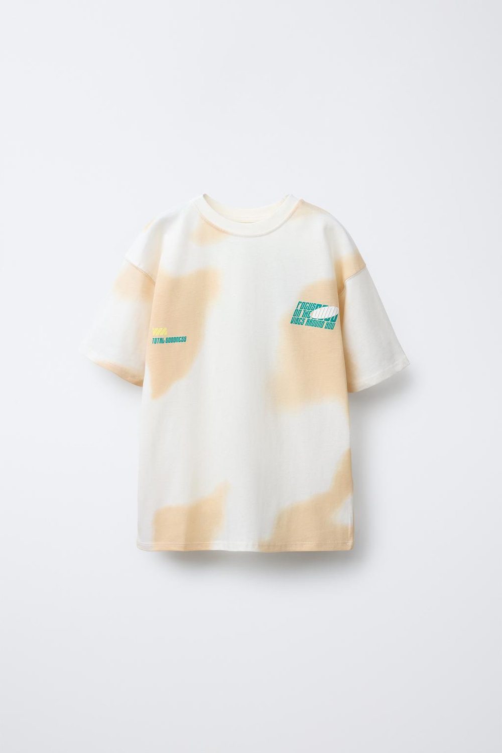 ZARA ФУТБОЛКА С ПРИНТОМ И НАДПИСЬЮ, ЭКРЮ/ЗЕЛЕНЫЙ