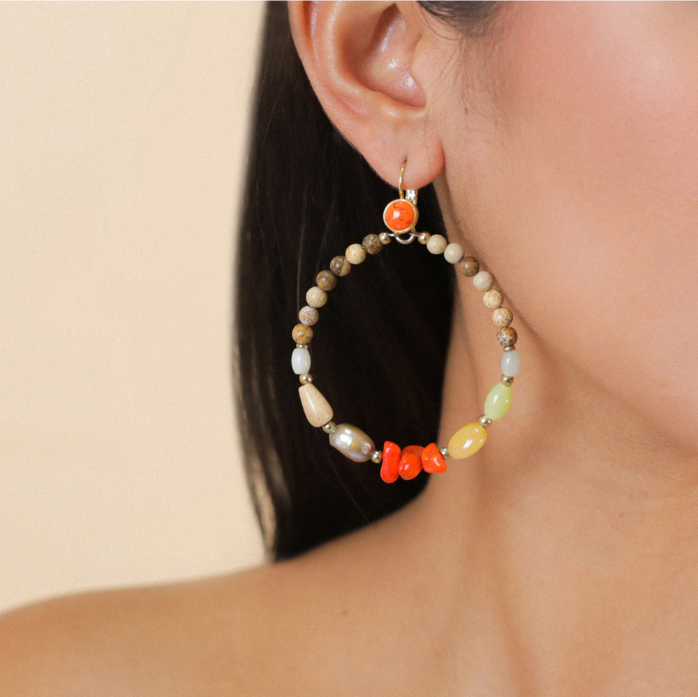 Серьги Nature Bijoux, Tivoli, с яшмой, говлитом, жадеитом и жемчугом, NB25.2-12-90223 (оранжевый)