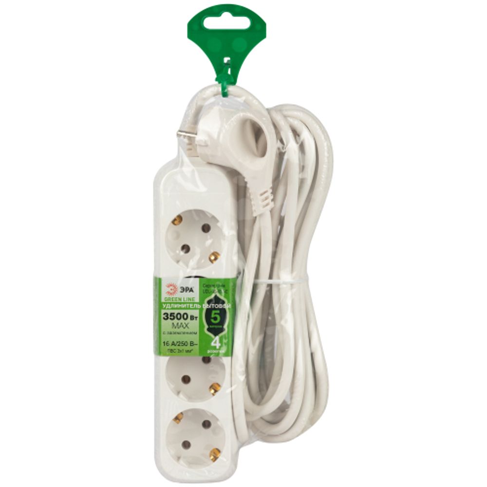 Удлинитель электрический ЭРА UDL-16-450-E Greenline 4 розетки с заземлением 5м ПВС 3x1мм2 | Бытовые удлинители
