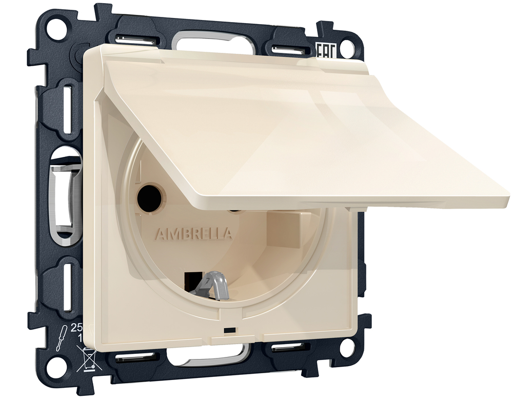 MA308010 Комплект механизма электрической розетки ALFA Бежевый глянец с/з с шторками и крышкой IP44 QUANT (AP3080, VM141)