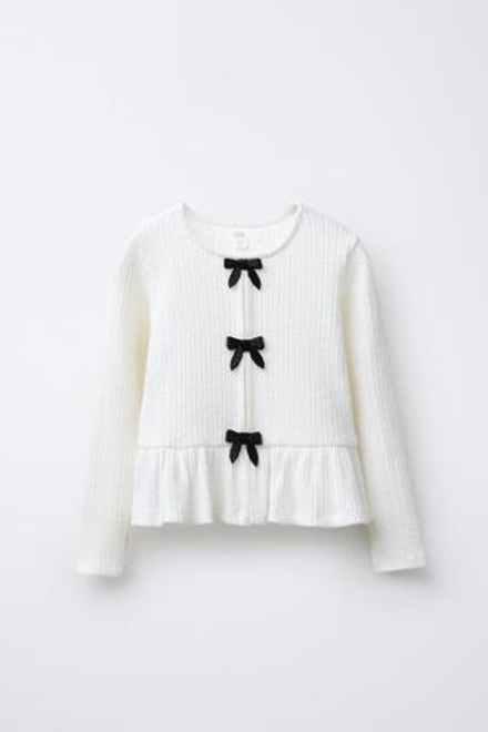 ZARA ФУТБОЛКА В РУБЧИК SOFT TOUCH С БАНТАМИ, ЭКРЮ