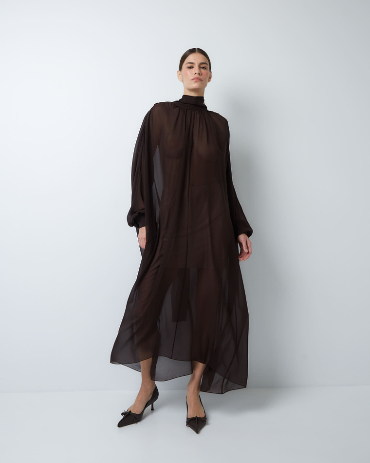 Платье с баской из шелкового шифона шоколад
