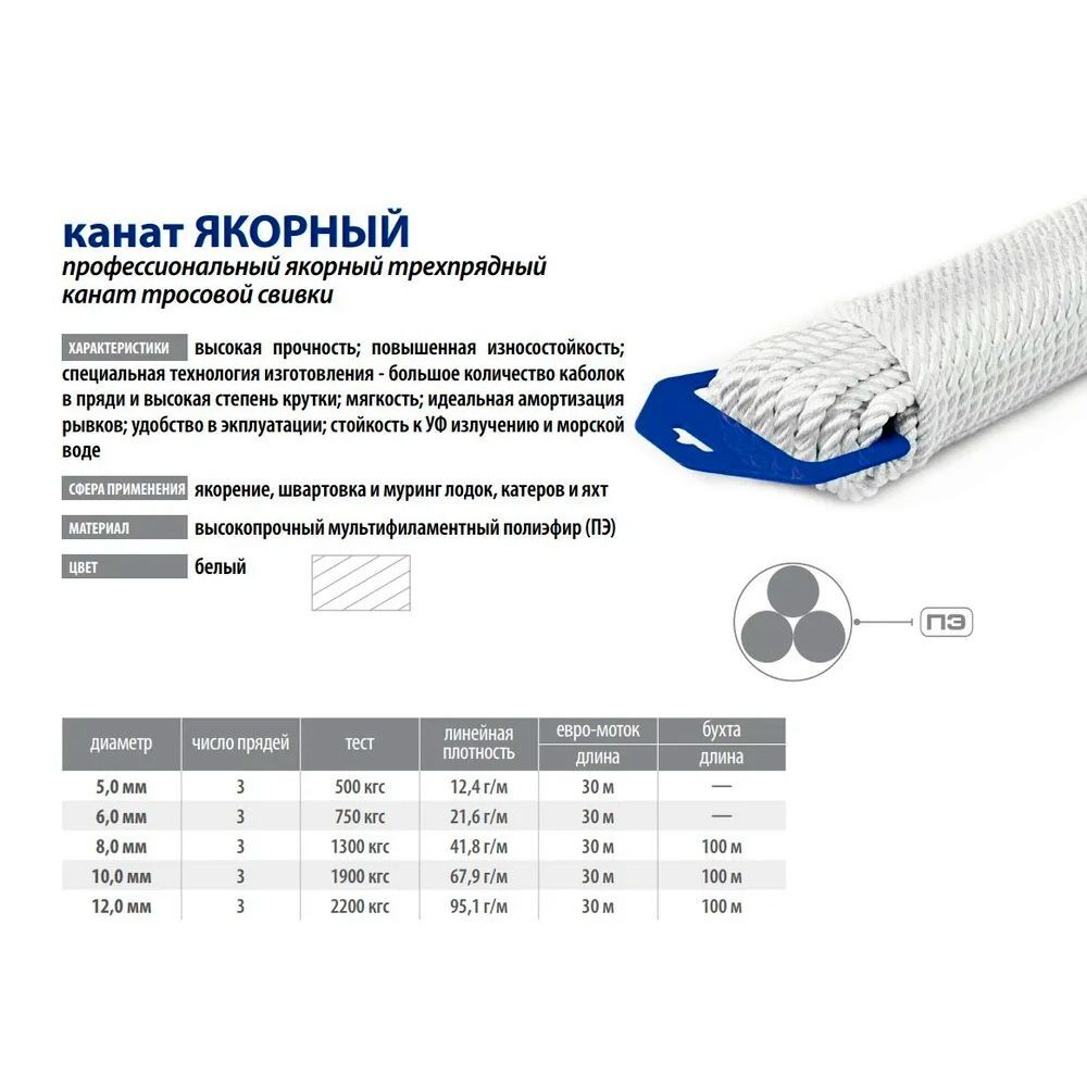 Швартовый трос (канат крученый) ЯКОРНЫЙ 12,0 мм 2200 кг 45 м