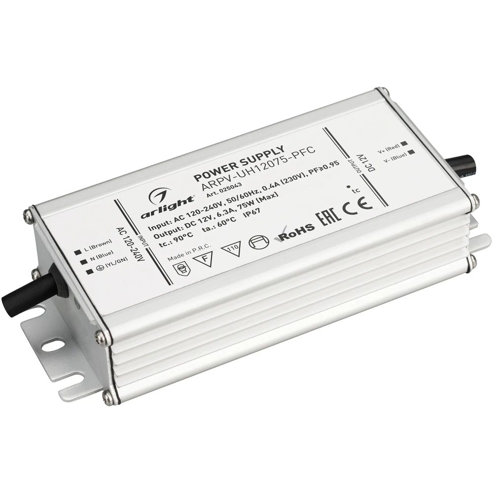 Блок питания ARPV-UH12075-PFC (12V, 6.3A, 75W) (Arlight, IP67 Металл, 7 лет) 025043