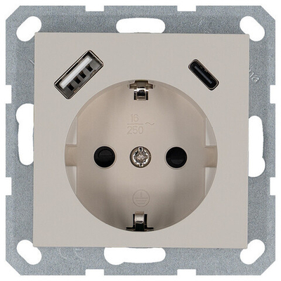 Розетка SCHUKO© с USB A+C с защитными шторками 16A 250V~ 2P+T USB 25W, цвет Тауп