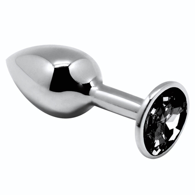 Серебристая анальная втулка с черным кристаллом Mini Metal Butt Plug Size M - 8 см. (Цвет: серебристый)