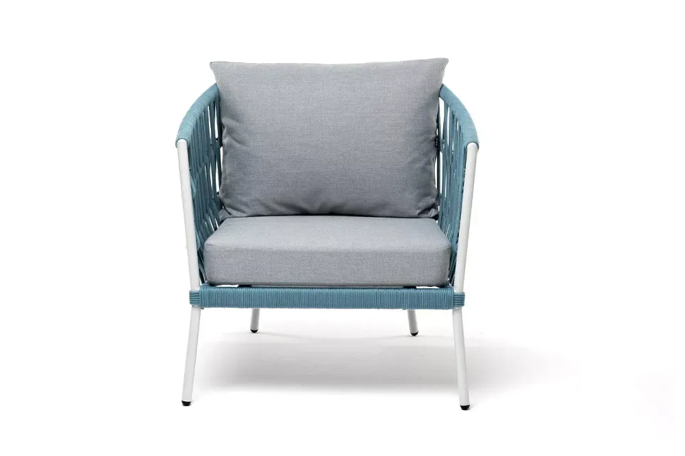 "Диего" кресло плетеное из роупа, каркас алюминий светло-серый (RAL7035) муар, роуп бирюзовый круглый, ткань светло-серая