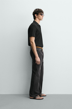 ZARA ПОЛО REGULAR FIT ИЗ ХЛОПКА С РЕЛЬЕФНЫМ УЗОРОМ, ЧЕРНЫЙ