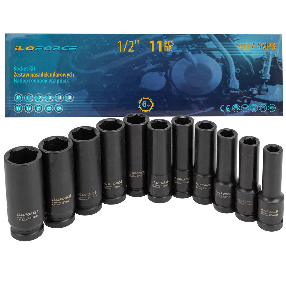 Набор головок ударных глубоких 11пр.1/2''(6-гр.)(10-15,17,19,21,22,24),в кейсе ILOforce IF-4117-5MPB