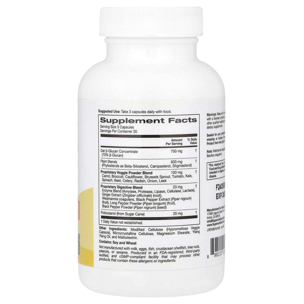 Super Nutrition, добавка для поддержки уровня холестерина, с концентратом овсяного бета-глюкана, растительными стеролами, смесью овощей и пищеварительной смесью, 90 вегетарианских капсул