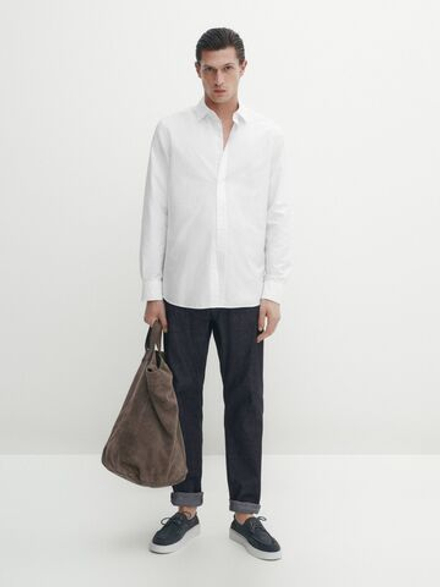 Massimo Dutti Рубашка облегающего кроя из хлопка в полоску,  белый