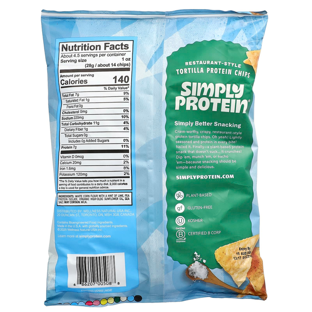 Simply Protein, ресторанные протеиновые чипсы из тортильи, с морской солью, 130 г (4,58 унции)