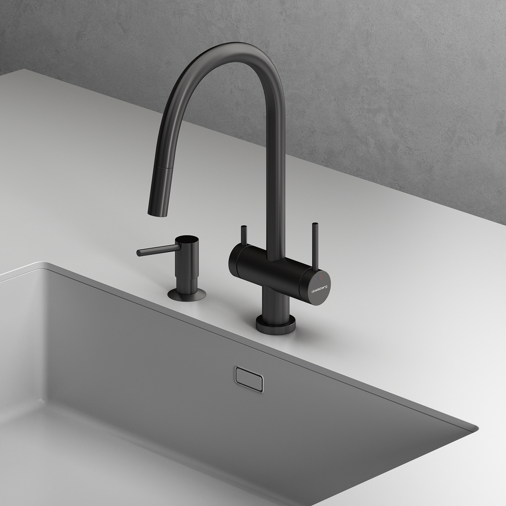 Смеситель для кухни Abelsberg Aera EMF71709GM c вытяжным изливом и возможностью подключения фильтра для воды, цвет космическая сталь, PVD покрытие