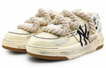 [Customized sneakers] MLB Chunky Liner leather misty sand and dust creative graffiti hemp rope deconstructed signs detachable non-slip wear-resistant increased low-top sneakers for men and women the same style light yellow