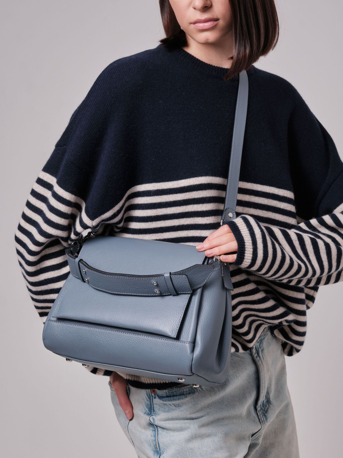 Сумка кожаная сэтчел сине-серая