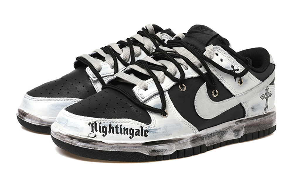 [Custom sneakers] NBA x Nike Dunk Low OKHR Silver Tick Old Vibe Wind Cross Graffiti Painting Hand Painted Font Deconstructing Laces Low Panel Shoes GS Black and White Silver