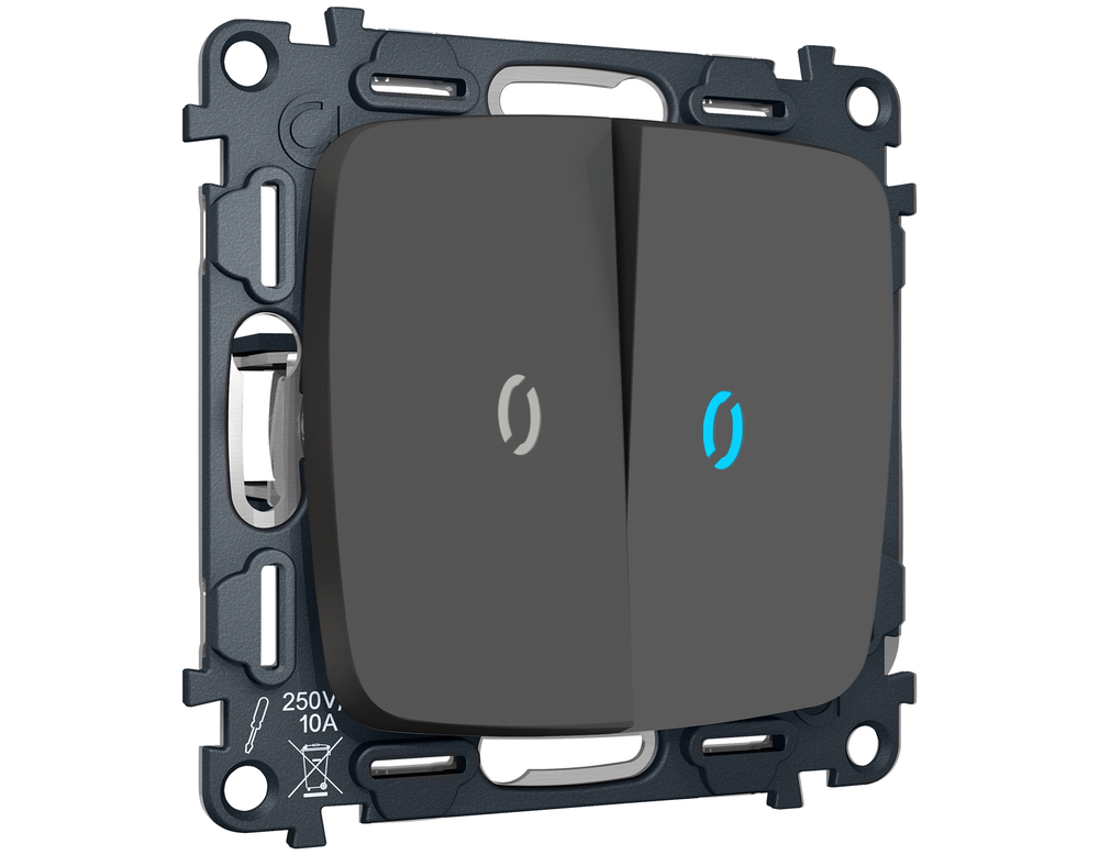 MO904020 Комплект механизма 2-кл выключателя с подсветкой 10000K OMEGA Графит мягкое касание QUANT (OP9040, VM115, G17B)