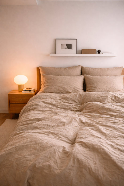 Комплект постельного белья из стираного перкаля бежево-серого цвета из коллекции Essential, 200х220 см / Tkano