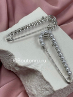 Брошь серебристая "Булавка" неподвижный жемчуг 7 см