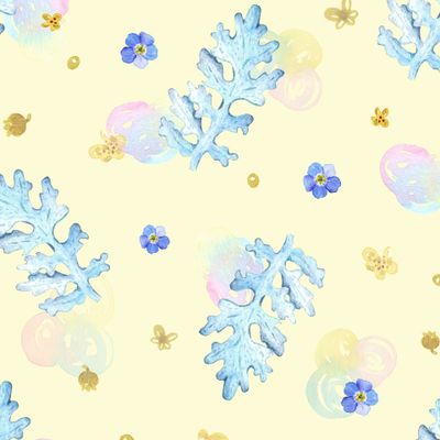 Серебристые листья и незабудки на желтом фоне