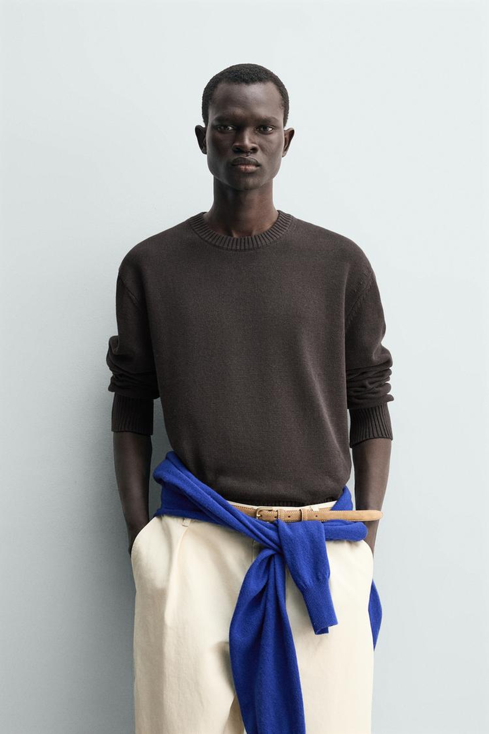 ZARA СВИТЕР ИЗ ХЛОПКА И ЛЬНА, КОРИЧНЕВЫЙ