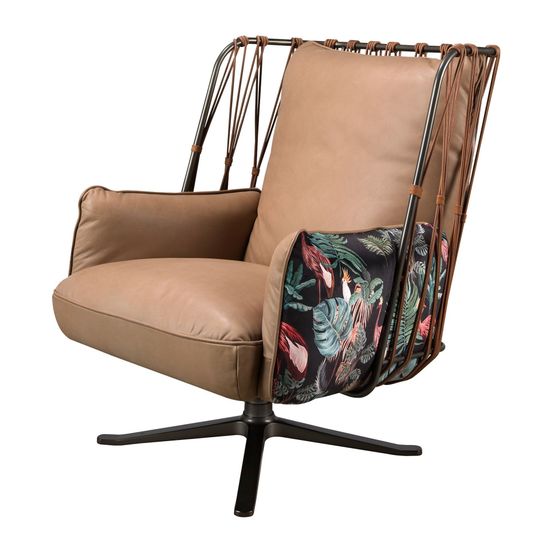 Кресло поворотное 5168 из коричневой кожи и ткани с коричневым принтом
