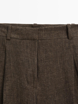 Massimo Dutti Меланжевые льняные брюки с вытачками, серо-коричневый