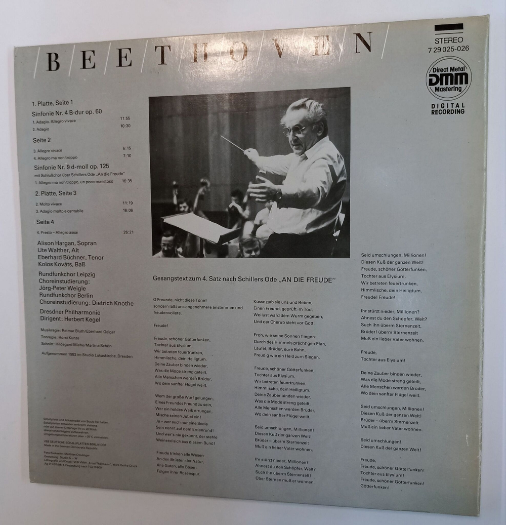 Винтажная виниловая пластинка LP Beethoven Бетховен Симфония № 9, Rundfunkchor Berlin, Rundfunkchor Leipzig, Dresdner Philharmonie, Herbert Kegel Sinfonie Nr. 4 B dur Op. 60 Sinfonie Nr. 9 D moll Op. 125 (GDR 1988)