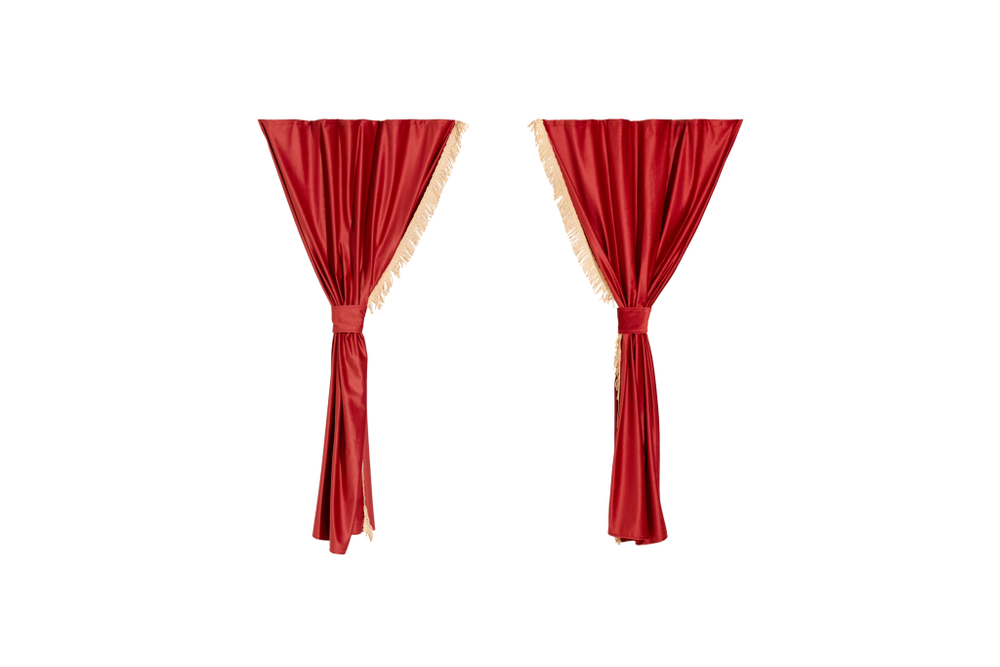 Шторы спального места с прихватами в кабину Volvo, Scania, MAN, DAF, Merc, Камаз, Sitrak, Shacman, Foton, FAW. Высота 1,5м, ширина одной стороны - 1,15м. Блэкаут, велюр. Красный цвет с бежевой бахромой