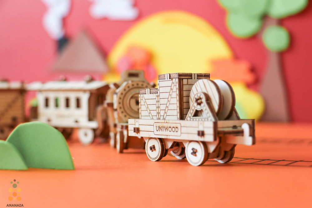 Вагончик с платформой (UNIWOOD) - Миниатюрный деревянный конструктор, 3D пазл, сборная модель