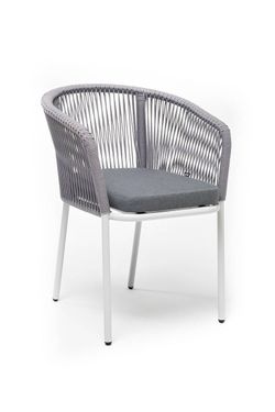"Марсель" стул плетеный из роупа, каркас алюминий белый шагрень, роуп светло-серый круглый, ткань светло-серая