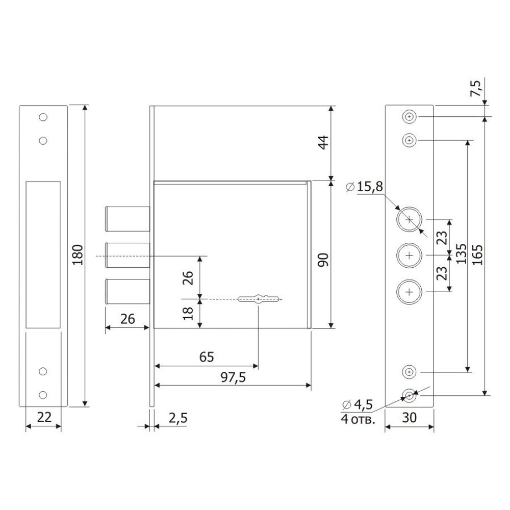 Замок Гардиан врезной 30.01( 8 сувальдный, 3 стержня 15,8 мм) (20) (00001551)