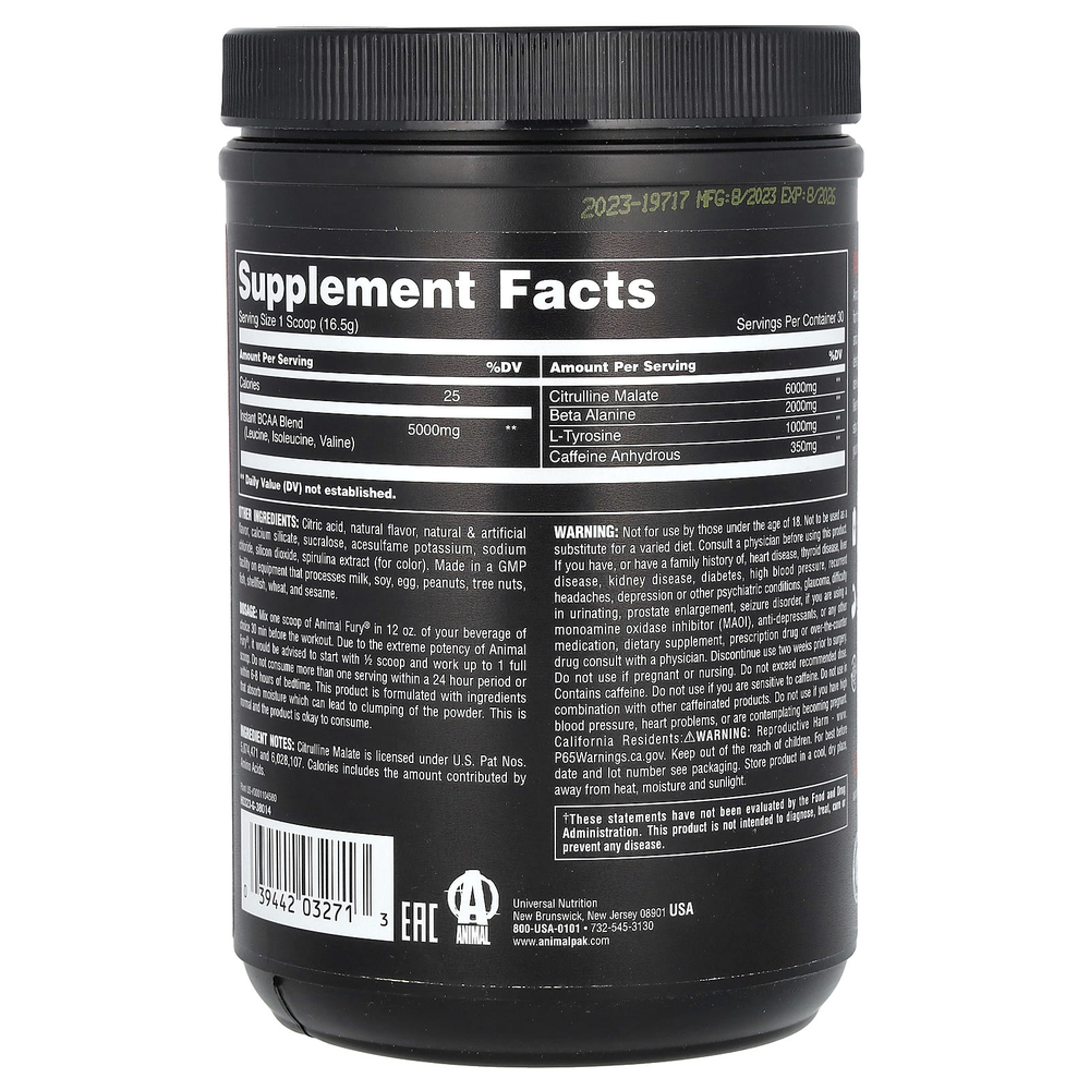 Animal, Fury Essentials, предтренировочный комплекс, со вкусом голубой малины, 495 г (1,09 фунта)
