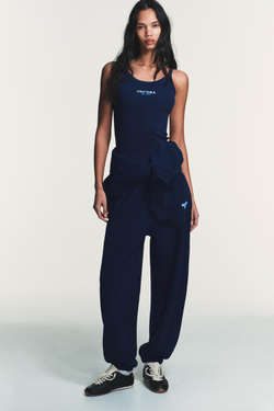 ZARA ФУТБОЛКА В РУБЧИК С НАДПИСЬЮ, СИНИЙ