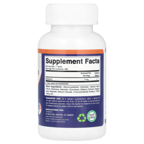 Vitamatic, Мелатонин, натуральные ягоды, 3 мг, 365 быстро растворяющихся таблеток
