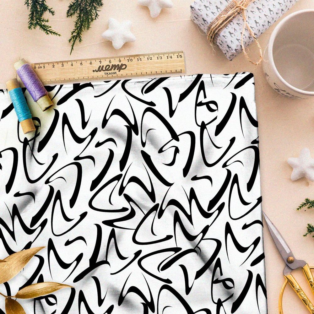 Ткань премиум атлас черно-белый мир