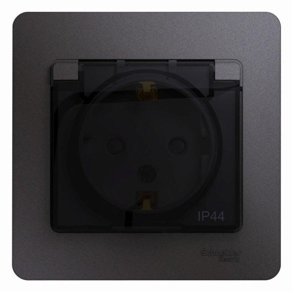 Розетка 1-м СП Glossa 16А IP44 250В с заземл. защ. шторки с крышкой в сборе графит SE GSL001348