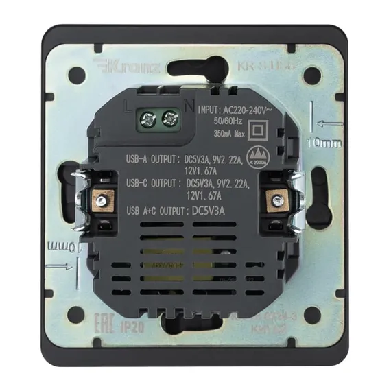 Розетка ROUND USB-A+Type-C 3А с функцией быстрой зарядки оникс KRANZ