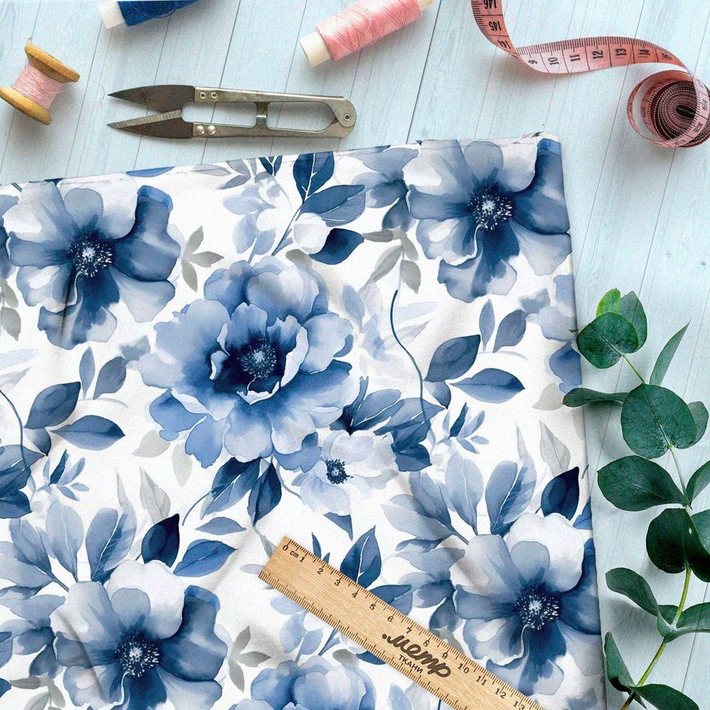 Ткань премиум Оксфорд 600D крупные голубые цветы