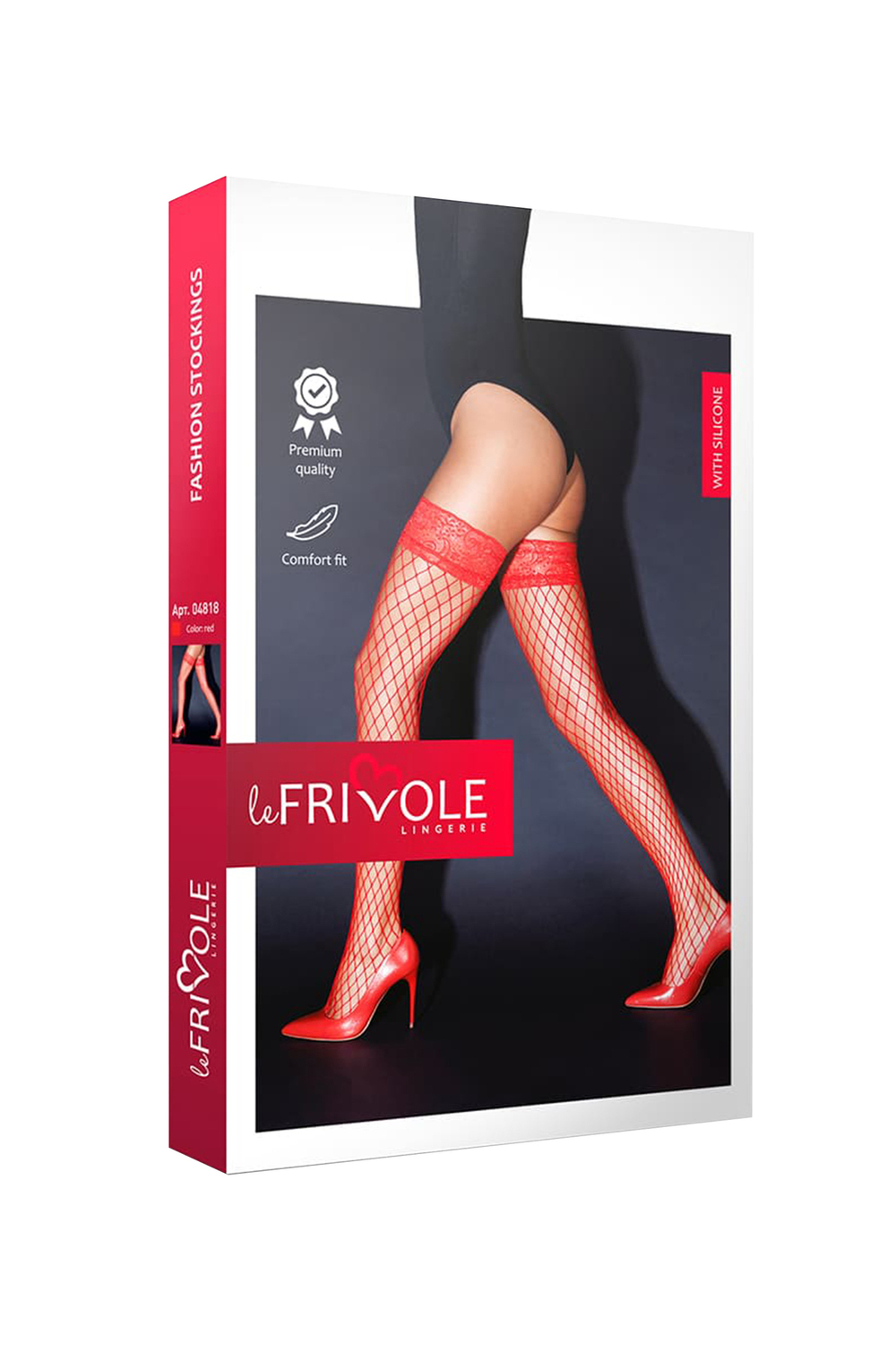 Чулки Le Frivole в крупную сетку с кружевной резинкой на силиконе красные S/M