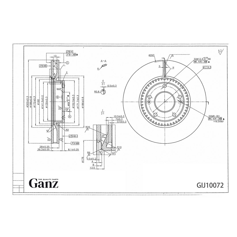 Диск тормозной GANZ передний с покрытием HYUNDAI i30 II / Grandeur / Veloster / Vent D=300mm Арт.: GIJ10072