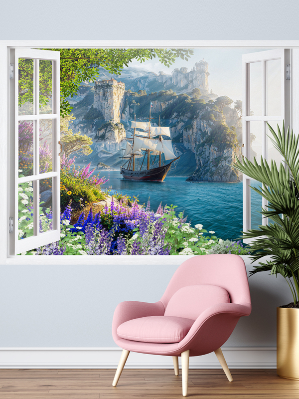 3D Фотообои светлые вид из окна и море