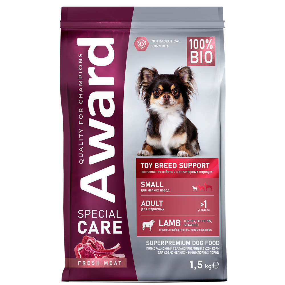 Сухой корм AWARD SPECIAL CARE Toy Breed Support для взрослых собак мелких и миниатюрных пород со свежим мясом ягненка 1,5 кг