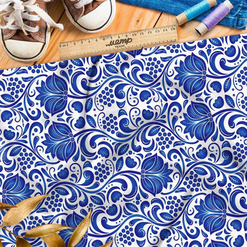 Ткань премиум шифон фантазия на тему гжели