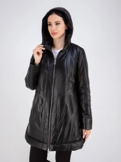 Куртка кожаная утепленная длинная с капюшоном Турция