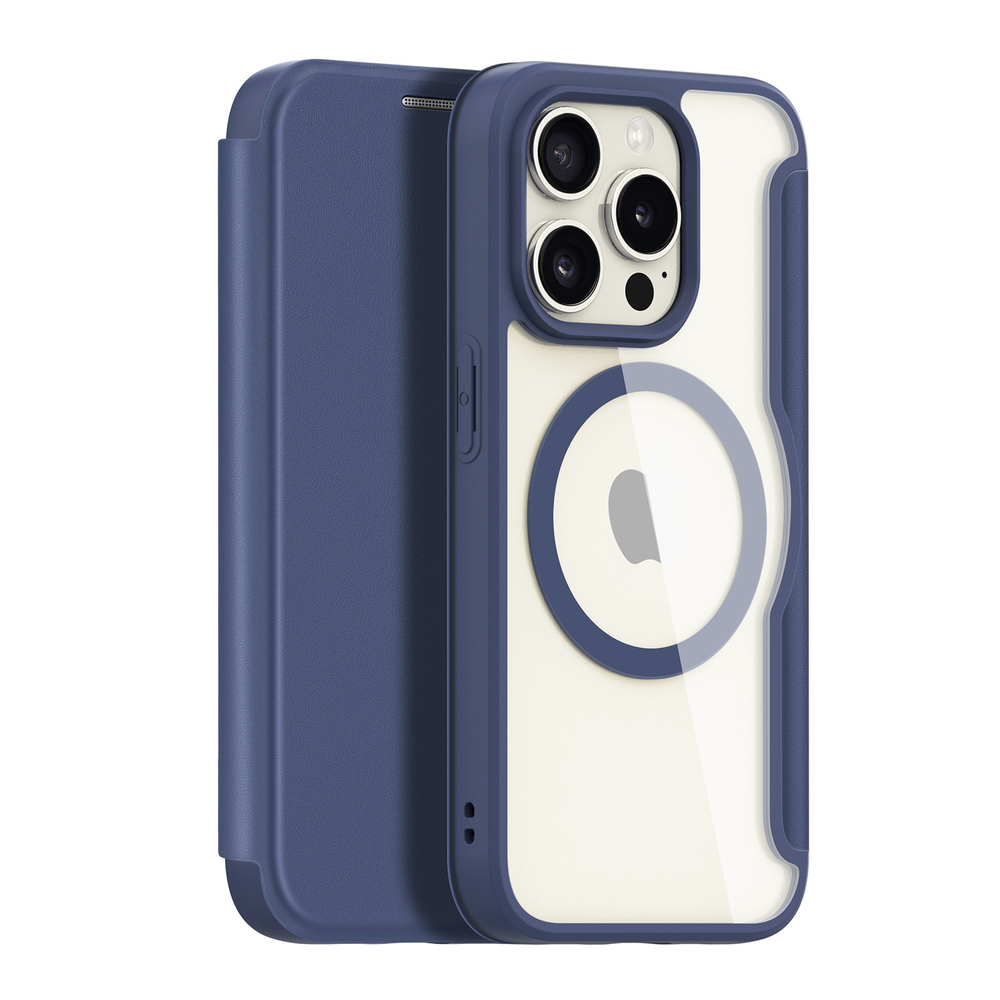 Прозрачный чехол книжка синего цвета с поддержкой MagSafe от Dux Ducis для iPhone 15 Pro, серия Skin X Pro Series Case