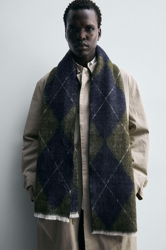 ZARA ШАРФ ИЗ ЖАККАРДА С РОМБАМИ, ЗЕЛЕНОВАТО-СИНИЙ