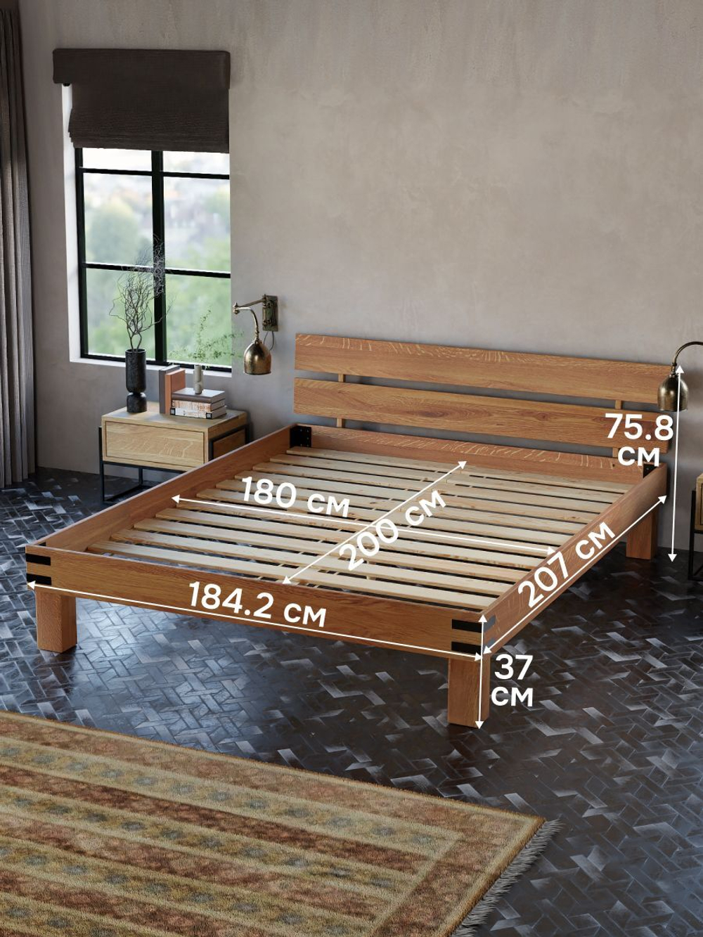 Кровать 180х200 Дубовая классика из массива дуба на ножках в стиле лофт, с настилом
