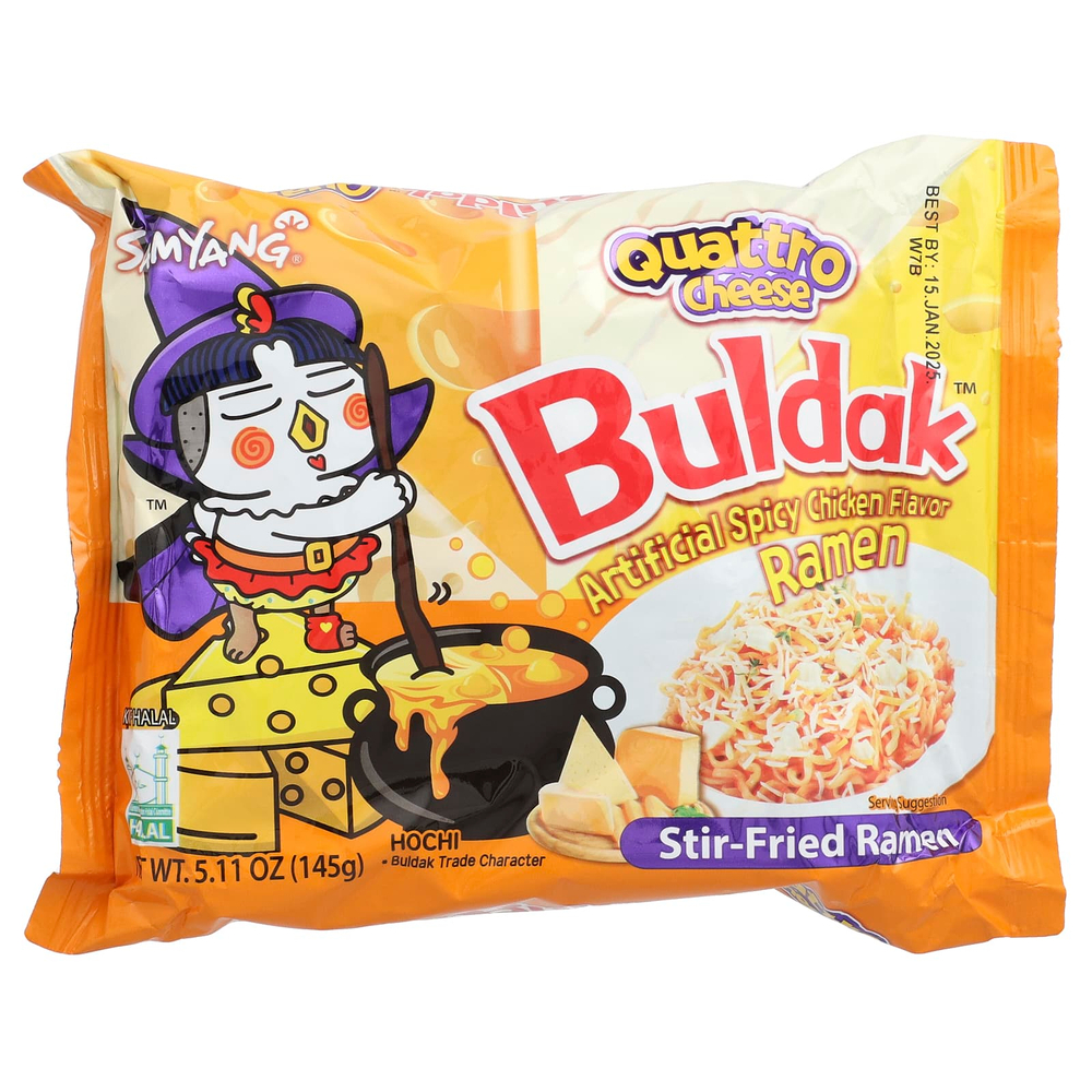 Buldak, Buldak ™, жареный рамен, острый цыпленок, сыр Quattro, 5 упаковок по 145 г (5,11 унции)