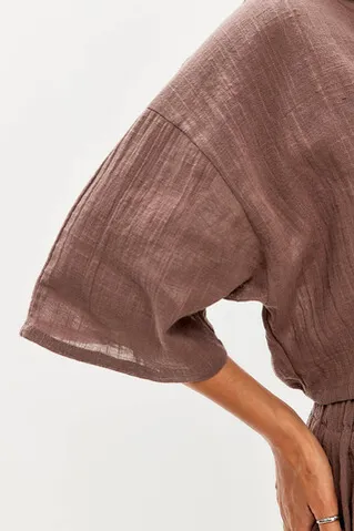 Блуза с завязками из хлопка stone wash шоколадного цвета